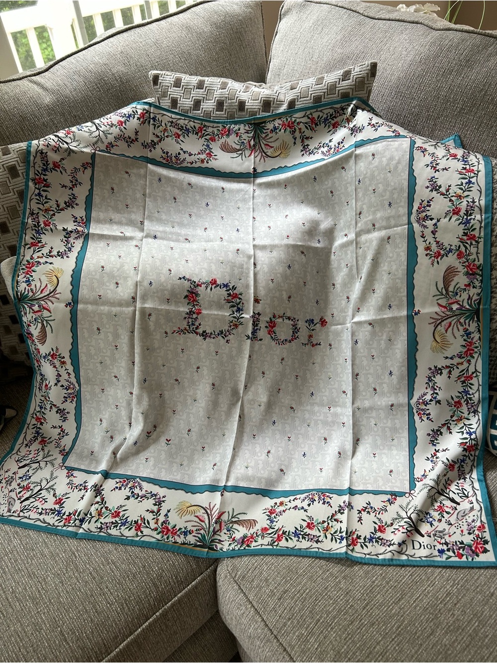 Dior Cream Silk Scarf with Teal Border and Floral Motifs